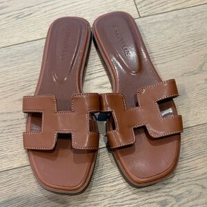 Brown Leather Slide Sandals
